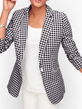Talbots Classic Linen Blazer Gingham - Size 16 Plus - NWT - Navy/White